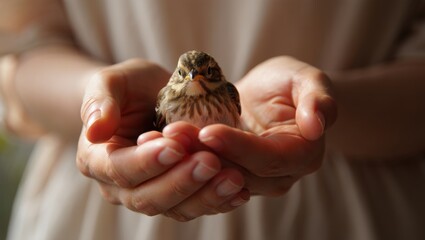 Human hands gently cradling a small wild bird demonstrate themes of care, protection, tenderness, rescue, and the delicate balance of nature and wildlife preservation