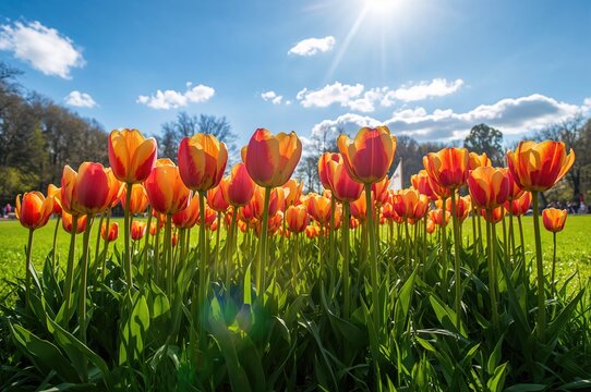 Vibrant red and yellow tulips set against lush green grass in a sunny park during summer festivities