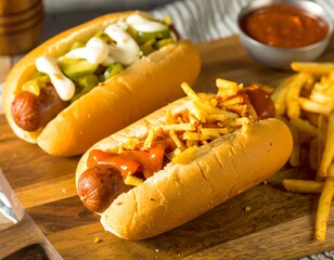 Two hot dogs with toppings and fries