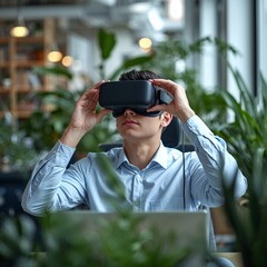 Young Creative Professional Using AR VR Headset in Bright Plant Filled Coworking Space Futuristic Tech Lifestyle Photo