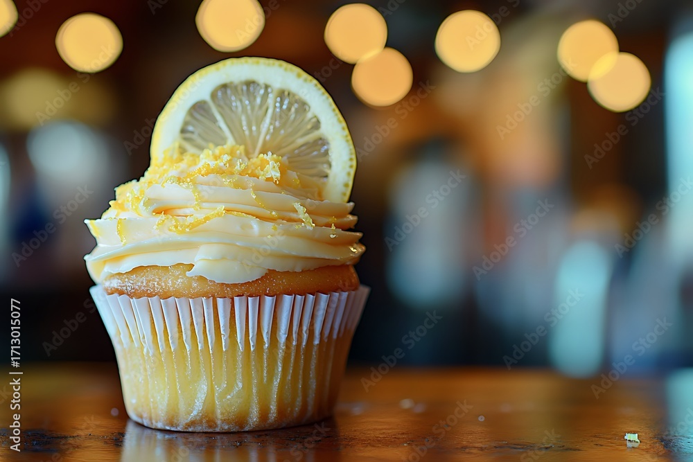 Poster a single lemon cupcake topped with lemon zest frosting and a candied lemon slice