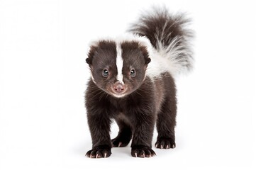 Adorable vintage black and white striped juvenile skunk, standing and facing forward, gazing directly at the camera with its tail raised high, set against a plain white backdrop.