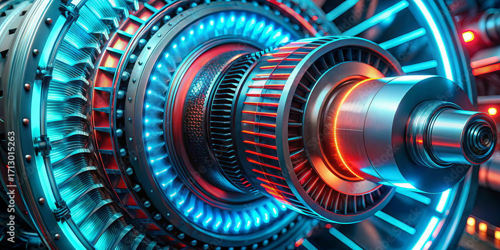 Poster a detailed view of a turbine engine features vibrant blue and red lighting that highlights its compl