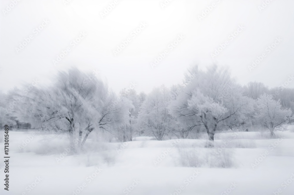 Poster blurred winter scene with frosted trees on a simple white backdrop. out-of-focus picture for backgro