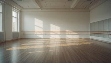Empty dance studio featuring a wooden ballet barre and light-colored walls