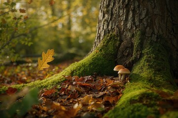 Obraz premium Mushrooms and Oak Leaf in a Fall Woodland Setting with Soft Focus