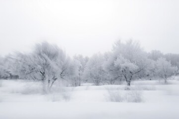 Blurred Winter Scene with Frosted Trees on a Simple White Backdrop. Out-of-Focus Picture for Background Use.