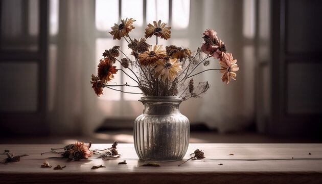a lonely vase filled with wilting flowers symbolizing neglect and mourning neglected sadness forgotten