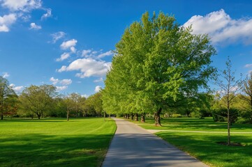 Fototapeta premium A walkway surrounded by lush green trees in a garden