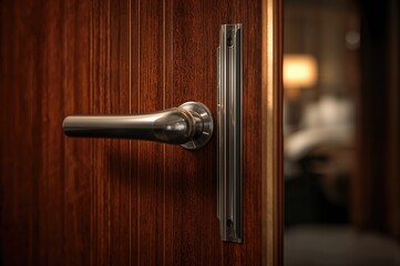 Obraz premium Detailed view of a wooden entrance featuring a metal grip