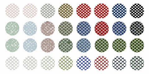 Collection of textured circular patterns in various colors and designs including polka dots and geometric shapes