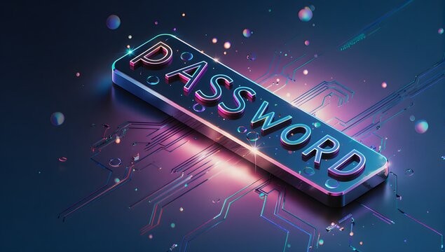 hGNfMeDklLmcMKiGGfBIfsS6rZ3IMPflux.jpg,"3D chrome PASSWORD plate resting on a circuit board surface, glossy reflections, neon teal and violet accents, shallow depth, cinematic glow, dark background, 