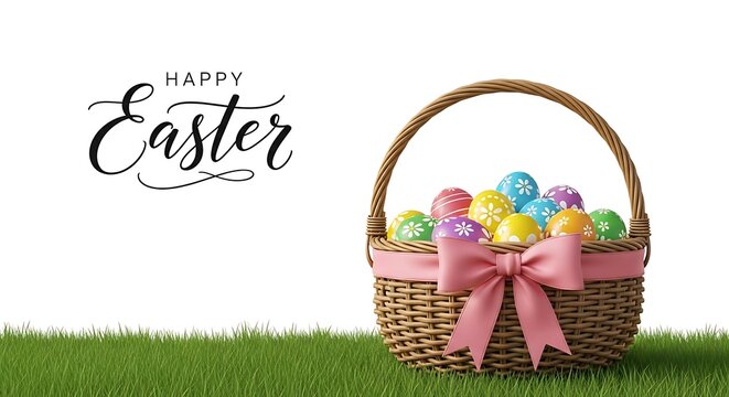 Happy easter basket with colorful eggs and pink bow, isolated on white background