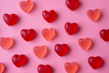Heart shaped gummy candies scattered on a pink background