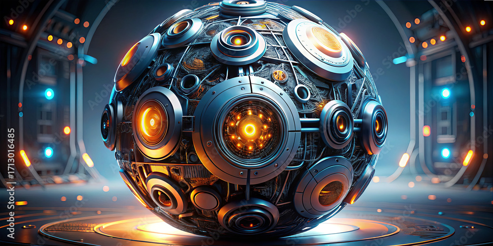 Poster a detailed sphere with multiple gears and glowing components rests in a modern sci-fi environment fi