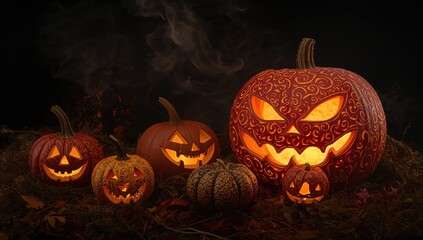 Glowing Halloween gourds surrounded by mist