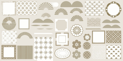 Collection of japanese traditional patterns and decorative elements in beige and white