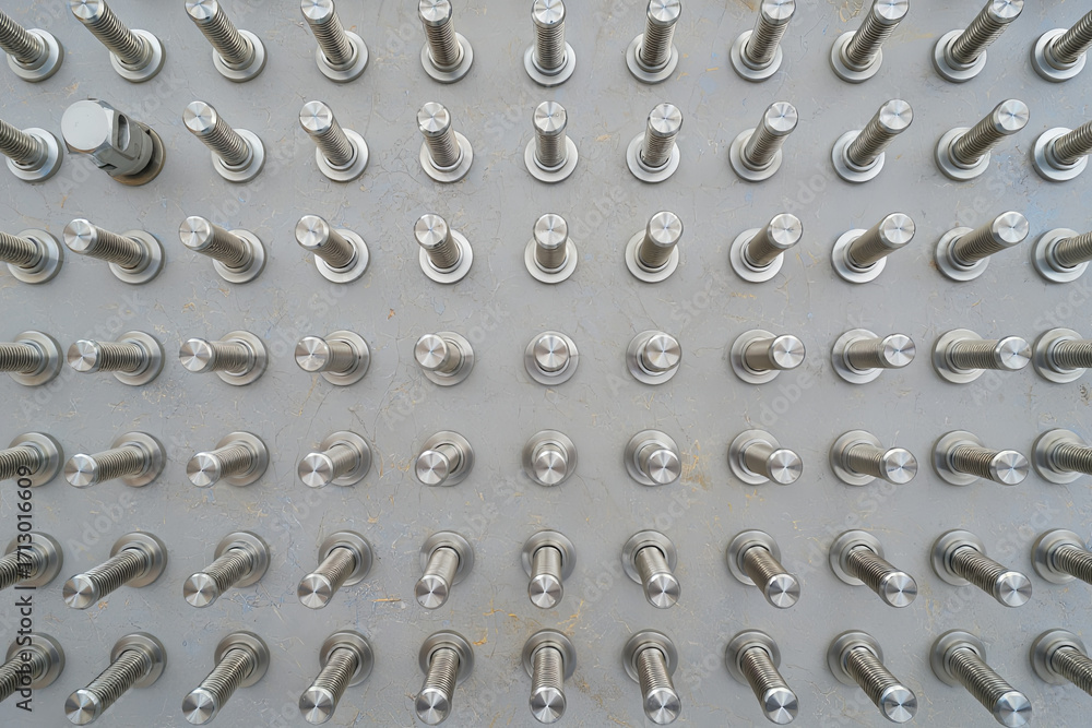 Poster a close-up view reveals multiple shiny metal fasteners aligning in a neat pattern on a flat surface.