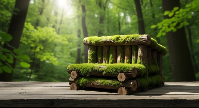 A miniature log cabin covered in lush green moss, set on a wooden table in a sunlit forest - Powered by Adobe