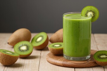 Fresh kiwi juice smoothie served in a glass with assorted fruit, wide-angle with room for text - nutritious drink