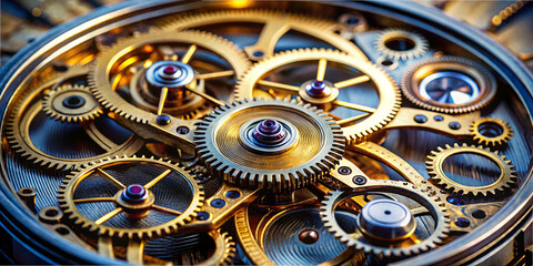 Tiny gears and cogs interlock in a fascinating display of engineering. This scene highlights the complexity and artistry of vintage clockmaking in a timeless design