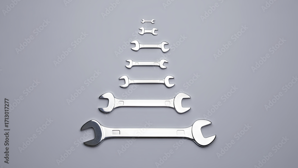 Poster different sizes of wrenches are aligned to form a pyramid on a smooth gray surface. this arrangement