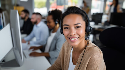 Portrait of a professional call center agent wearing headset, smiling at camera while working on computer, diverse team in modern office background. S call center agent portrait, c