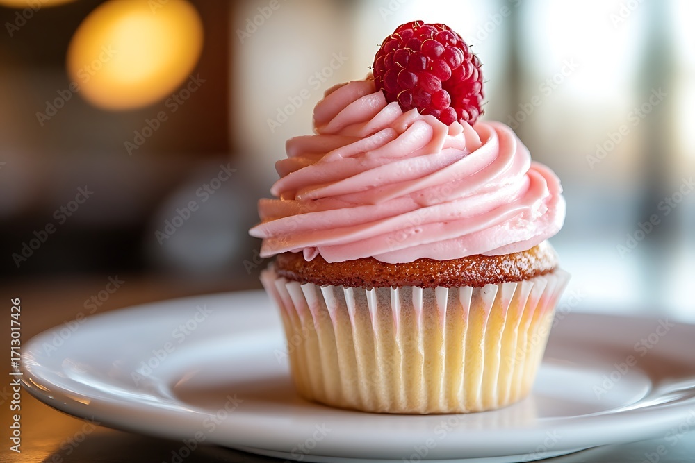 Poster a single raspberry cupcake topped with pink buttercream and a fresh raspberry, set on a white plate