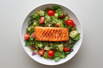 Top view of a mixed salad with grilled salmon and tomatoes