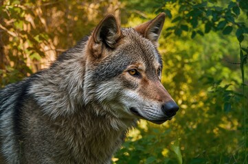 Obraz premium Close-up of a Gray Wolf (Canis lupus) in Captivity During Summer