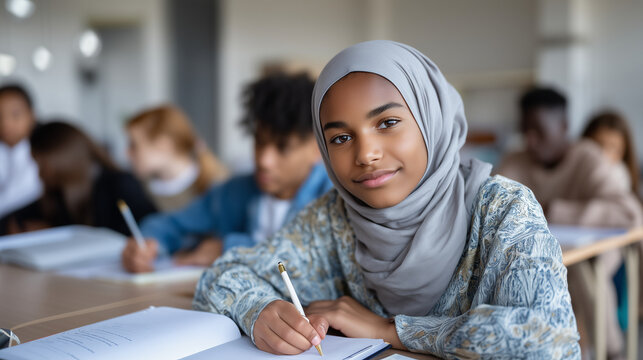 Group of diverse students in classroom, Muslim girl in hijab in the foreground writing in notebook, multicultural education teamwork atmosphere. diverse students classroom, Muslim