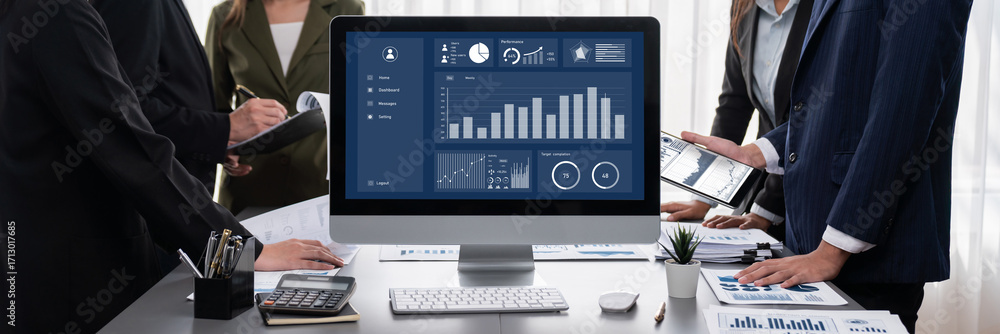 Poster panorama shot analyst team utilizing bi fintech to analyze financial report with laptop. businesspeo