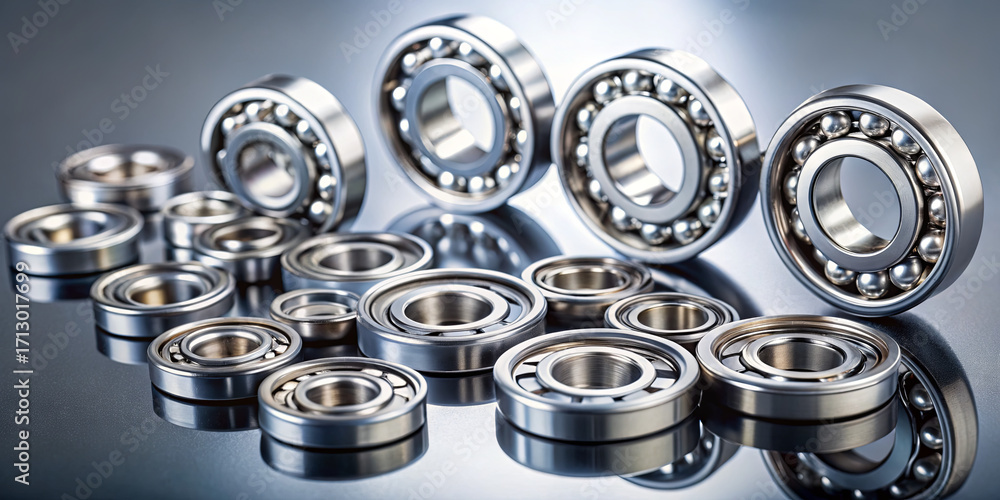 Poster several types of metal ball bearings are neatly arranged on a reflective surface in a workspace. the
