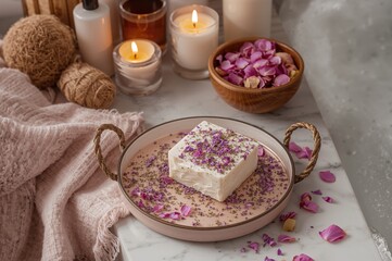 Naklejka premium Artisan Soap with Spa Essentials Featuring Dried Lavender and Rose Petals