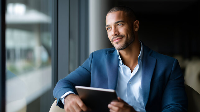 Hispanic businessman in blazer, sitting by window in office lounge area, tablet on lap, relaxing after meeting, natural daylight background. Hispanic businessman office, relaxed co