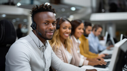 Obraz premium Group of multicultural call center employees sitting at desks with headsets, focused on computers, teamwork in professional customer support office. call center teamwork, multicult