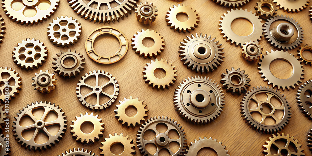 Poster various metal gears and cogs are displayed on a wooden surface. their different sizes and designs cr