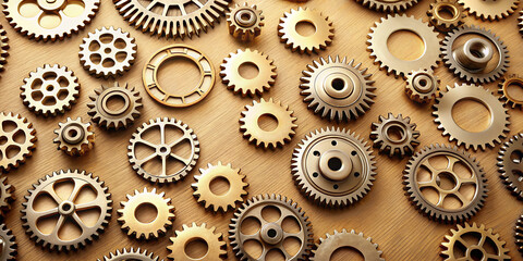 Various metal gears and cogs are displayed on a wooden surface. Their different sizes and designs create a visually appealing pattern, emphasizing craftsmanship and mechanics