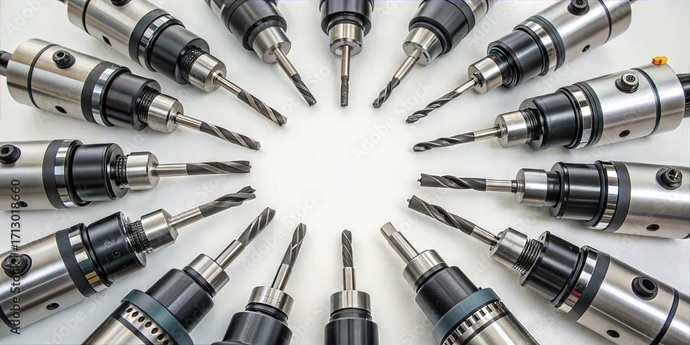 Poster multiple precision drill bits are arranged in a circular layout on a white surface. each tool featur