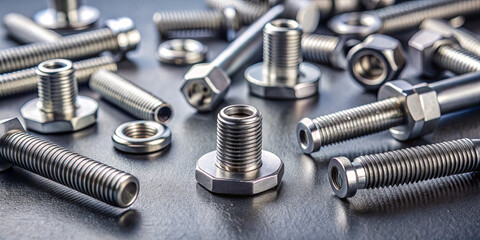 Different sizes and types of metal bolts and nuts are scattered across a dark, smooth surface, showcasing their metallic shine in a workshop environment