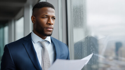 African American businessman in suit, standing by office window with documents in hand, serious expression, analyzing financial reports with city skyline behind. African American b