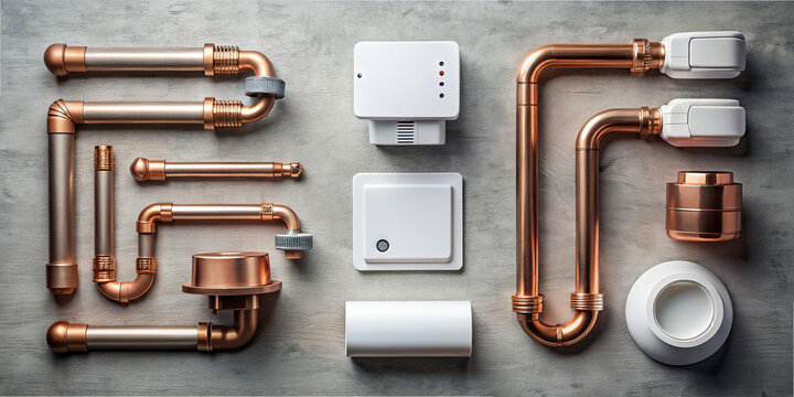 Various copper pipes and plumbing fixtures are neatly arranged on a gray surface. This setup is ideal for planning home improvement or repair projects involving plumbing systems