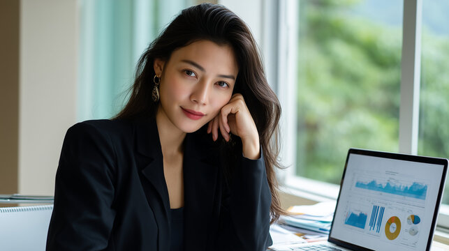 Asian businesswoman in formal blazer, sitting at desk near window, laptop open with charts, focused expression while analyzing data, daylight streaming inside. Asian businesswoman