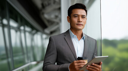 Asian businessman in gray suit, standing by large office window, holding coffee cup in one hand and reviewing charts on tablet, analytical expression. Asian businessman analysis, p