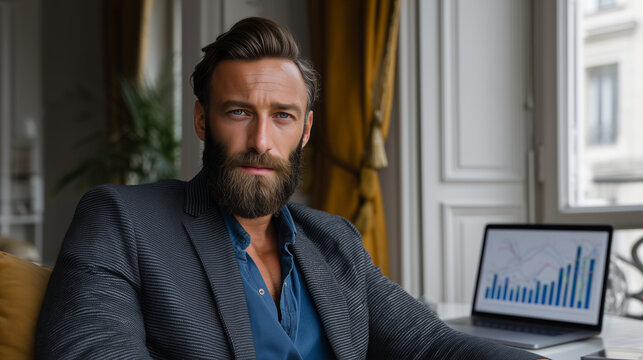 Caucasian businessman with beard in blazer, sitting on chair near window, laptop on desk showing graphs, focused expression analyzing financial data. Caucasian businessman analysis