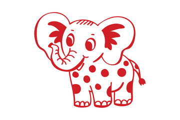 Cartoon red and white elephant with circles happily stands against a bright background
