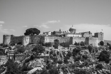 Medieval fortress walls in monochrome
