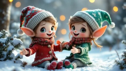 Cute christmas elves in snowy landscape - Powered by Adobe