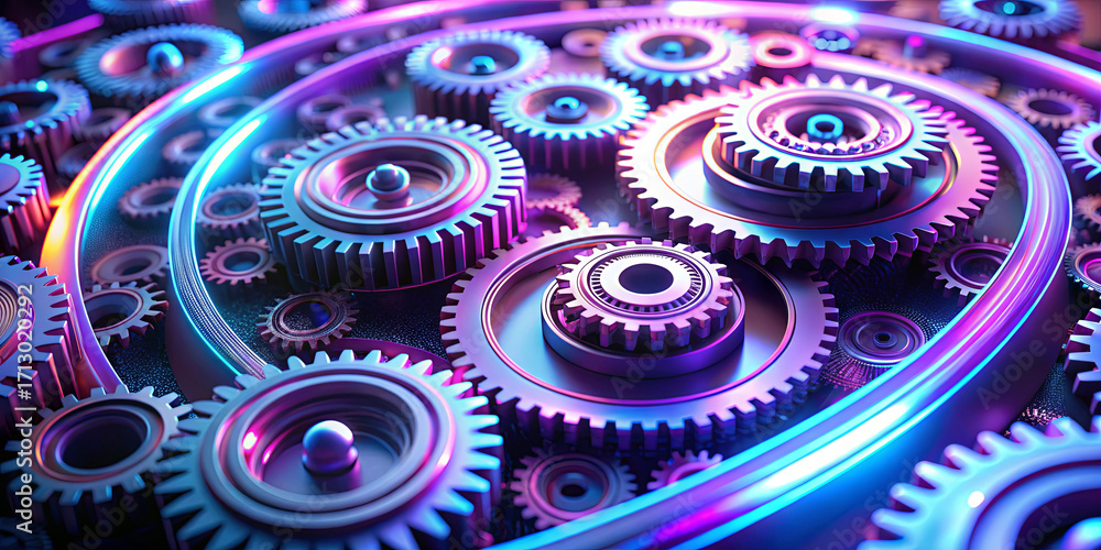 Poster a dynamic view of colorful gears interlocked together, showcasing a blend of mechanical precision an