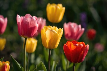 Fototapeta premium Colorful Tulips Flourishing Under a Sunny Spring Sky with Soft Focus Backdrop